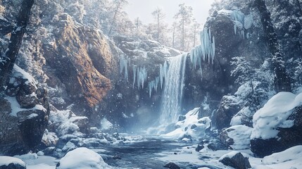 Winter Waterfall in Rocky Canyon with Ice Formations - AI generated illustration