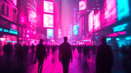 Naklejka premium A vibrant city scene with silhouettes walking amidst neon lights and colorful advertisements, creating a futuristic atmosphere.