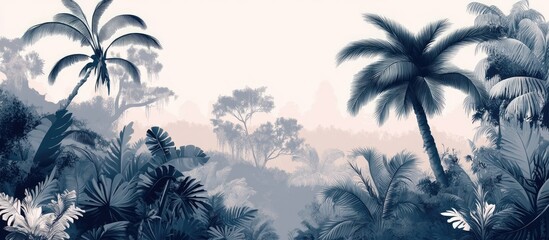 Jungle themed wallpaper design featuring trees and tropical plants Vector illustration