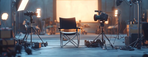 Empty Film Set with Director's Chair and Camera - AI generated illustration