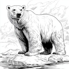 Polar Bear Standing on Ice Floe  Black and White Illustration
