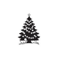 Decorated Christmas Tree in Black Outline on Plain White.