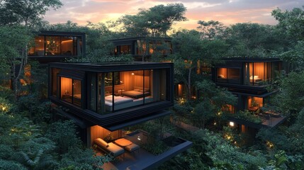 A modular cube house with sleek terraced roofs, vibrant outdoor seating areas, surrounded by lush greenery, futuristic, minimalist design, sunset lighting, digital rendering