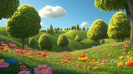 Naklejka premium A vibrant, sunny landscape filled with colorful flowers and lush green hills.