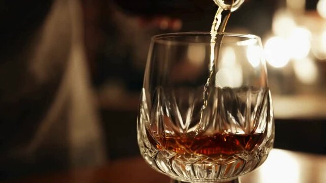 Close-up of Amber Liquid Being Poured into a Crystal Glass with Bokeh Lights in the Background