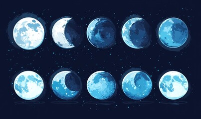 Colorful EPS10 2D cartoon moon set against a dark backdrop featuring various shades of blue in its composition