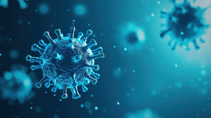 Close up of virus particles floating in air, showcasing intricate details and structures. vibrant blue tones create captivating and somewhat eerie atmosphere, emphasizing microscopic world of pathogen