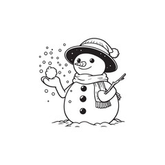 Cartoon Snowman Holding Snowball - Vector Design in Black Outline.