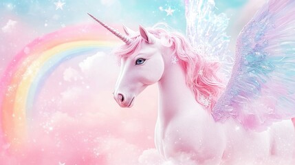 Pastel pink and blue card featuring a unicorn wings a head rainbow star diamond and cloud elements