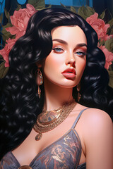 Fototapeta premium A stunning portrait of a glamorous woman with flowing black hair, wearing elegant gold jewelry and a floral backdrop, exuding confidence and beauty