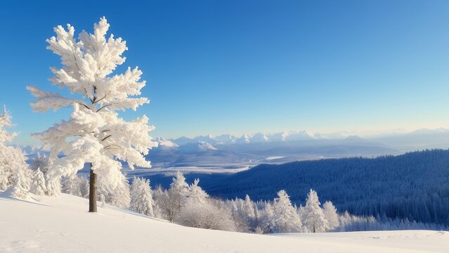 A snow-covered tree stands tall on a snowy hillside with a mountain range in the background.