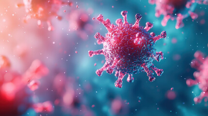 Fototapeta premium Viral particles are depicted in colorful microscopic view, showcasing their intricate structure and interaction with immune cells. This image highlights complexity of viral contamination