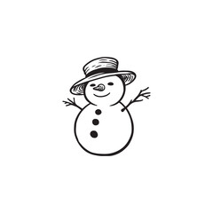 Playful Snowman with Snow in Hand - Black Outline on White Background.