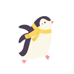 Playful cartoon vector illustration of a penguin in scarf on white background