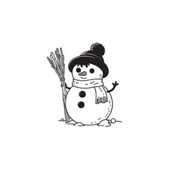 Snowman Holding Snow in Hand - Fun Pose, Vector Outline Design.