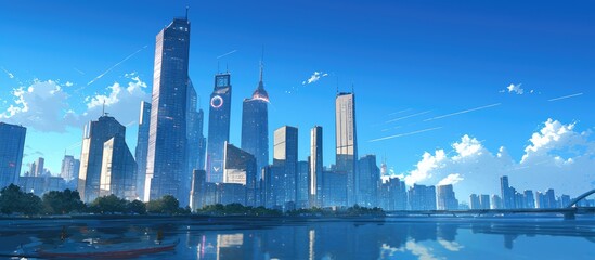 Artwork depicting modern skyscrapers along a river at twilight