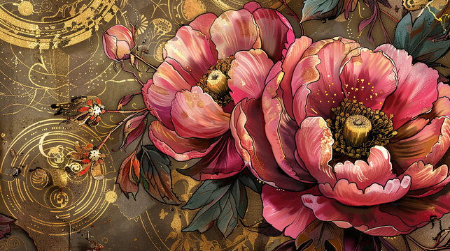 pink, peony, old, background, generative, ai, steampunk style, vintage, watch, flower, pattern, art, texture, stone, decoration, nature, ammonite, fossil, circle, spiral, design, shell, detail
