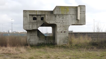 A bold concrete sculpture in the middle of an industrial landscape, blending brutalism with modern...