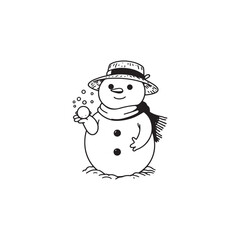 Cute Snowman Holding Snow - Isolated Black Outline on White.