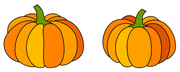 Vector illustration of two bright, cartoon-style pumpkins with orange shades and green stems.