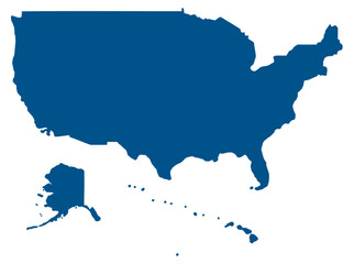 Vector illustration of a blue silhouette map of the United States, including Alaska and Hawaii.