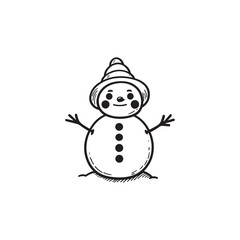 Cute Snowman Holding Snow - Isolated Black Outline on White.