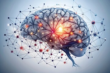 A stunning vector graphic depicting a fragmented brain with broken connections and tangled neurons, set against a stark white background to emphasize the disruption of nerve signals in ataxia