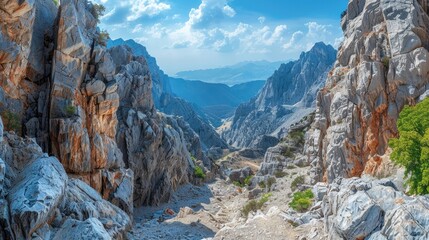 Stunning panoramic view of a majestic rocky mountain landscape with dramatic cliffs deep canyons and a bright blue sky filled with wispy clouds