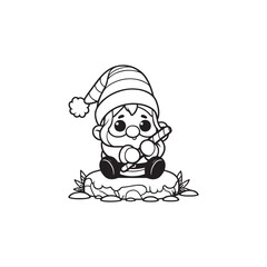 Comical Snowman Holding Snowball - Vector Outline Illustration.