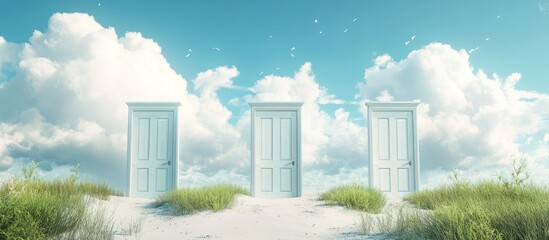 Fototapeta premium Three doors amid a summer landscape featuring white clouds and green grass An abstract surrealistic illustration showcasing creative fantasy art in a realistic minimal style 3D render