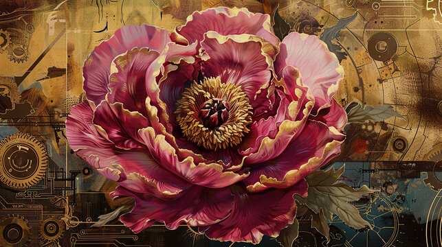 pink, peony, old, background, generative, ai, steampunk style, vintage, watch, flower, pattern, art, texture, stone, decoration, nature, ammonite, fossil, circle, spiral, design, shell, detail
