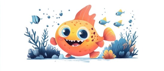 Adorable flat style illustration of a cute aquarium creature featuring a hand drawn baby monster with fish and water elements on a white backdrop