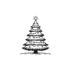 Decorative Christmas Tree in Black Outline - White Background.
