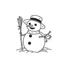 Snowman Character Holding Snow - Black and White Outline Vector.