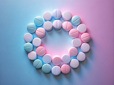 A stylized depiction of naproxen sodium tablets arranged in a circular formation, overlaid on a gradient background transitioning from soft pink to pale blue