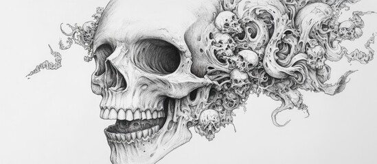 Naklejka premium Surreal tattoo design featuring a skull intricately hand drawn in pencil on paper