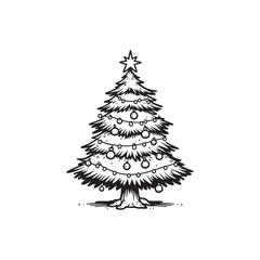 Christmas Tree with Decorations in Black Outline on White Background.