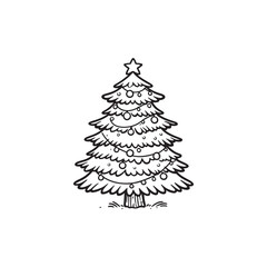 Christmas Tree with Decorations in Black Outline on White Background.