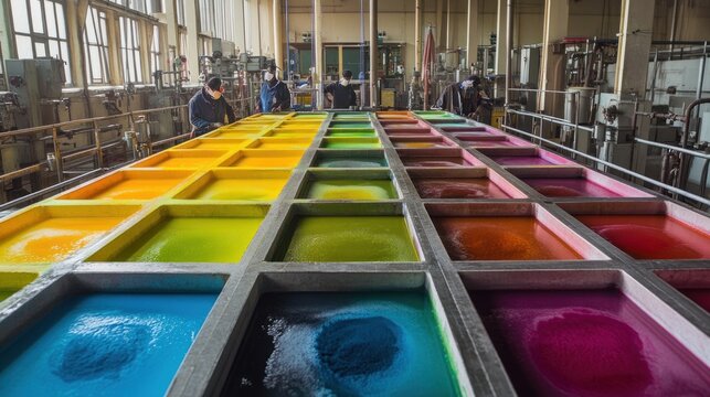 A section of the factory dedicated to dyeing fabrics is filled with large vats of colorful dyes