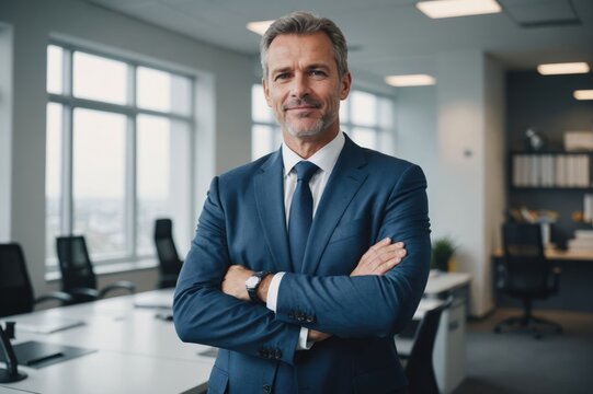 happy middle aged business man ceo standing in office arms crossed