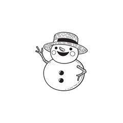 Cheerful Snowman Holding Snowball - Black Outline Vector Illustration.