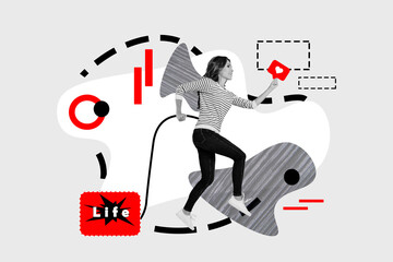 Composite photo collage of young blogger girl run life translation broadcast receive like reaction...