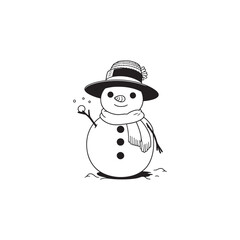 Cheerful Snowman Holding Snowball - Black Outline Vector Illustration.