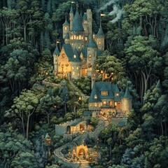 Enchanted Forest Castle with Stone Steps and Lantern Lights
