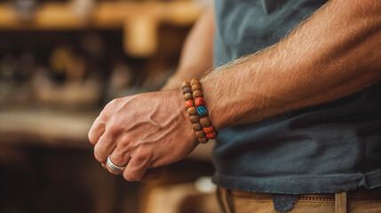 Man's wrist adorned with handcrafted beaded bracelets, showcasing an earthy and rustic style, highlighting the texture of beads and the skin, with a casual background