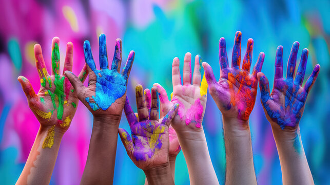 Colorful hands raised with vibrant paint, showcasing creativity and diversity, against a blurred multicolored background, emphasizing expression and unity