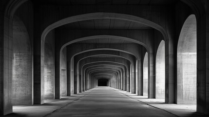 Fototapeta premium Monochromatic tunnel with repetitive archways creating a sense of depth and infinity, emphasizing structure, geometry, and architectural design