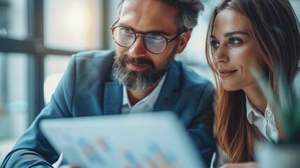 Fototapeta premium Happy professional executive team people managing project at work. Busy business man manager leader showing financial results to female partner using laptop computer at corporate office meeting.