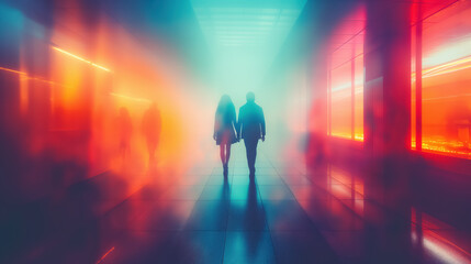 Silhouettes of a couple walking through a neon-lit corridor, surrounded by colorful, blurred lights, creating a dreamy and futuristic atmosphere