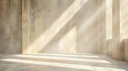 Empty concrete room with sunlight streaming through large windows, creating striking shadows and a minimalist, serene atmosphere